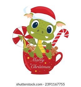 Cute little green dragon in a cup. Sweets in a cup, lollipops, caramel. On a white background. Christmas festive holiday cute mugs. New year drinks decorated with candy.  Isolated vector illustration