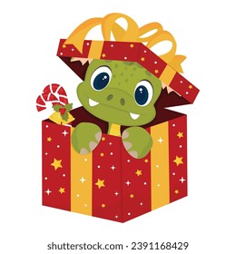 Cute little green dragon in a festive box. Surprise. A gift for Christmas. Isolated vector illustration