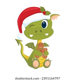 Cute little green dragon with gingerbread man. Gingerbread man. On a white background. Vector