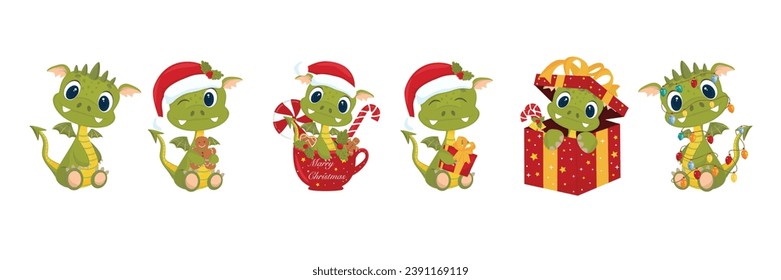 Cute little green dragon. Dragon set. Symbol of the year, on a white background.  Surprise. A gift for Christmas. Isolated vector illustration