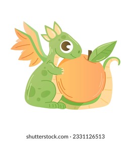Cute little green dragon is sitting with an apple.