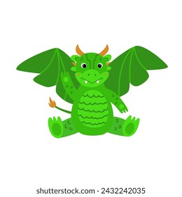 cute little green dragon sitting and waving his hand, eastern lunar horoscope symbol, flat vector style
