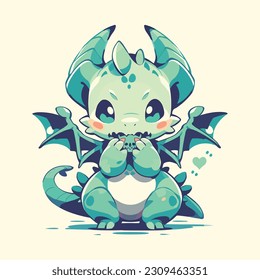 Cute little green dragon with two wings in cartoon style