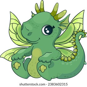 cute little green dragon with yellow wings. Symbol of 2024, animal of the new year