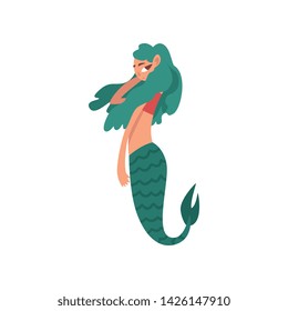 Cute Little Green Haired Mermaid, Fairytale Mythical Creature Cartoon Character Vector Illustration