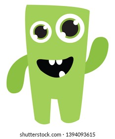 A cute little green monster with big eyes waving its hands vector color drawing or illustration