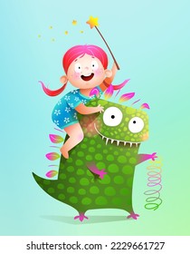 Cute little green monster and little girl, friends playing together. Playful baby kid and dinosaur fictional character design. Children cartoon of a toothy friendly creature. Vector cartoon.