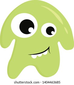 A cute little green monster smiling with three teeth out, vector, color drawing or illustration. 
