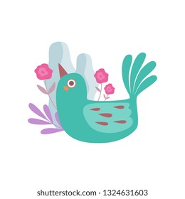 Cute Little Green Nesting Bird, Symbol of Spring Vector Illustration