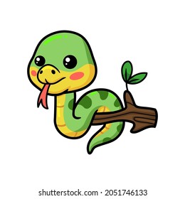 Cute little green snake cartoon on tree branch