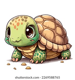 A cute little green turtle. Little baby turtle. A friendly little turtle with big dark eyes. Nice character graphics made in vector graphics. Illustration for a child.