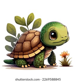 A cute little green turtle. Little baby turtle. A friendly little turtle with big dark eyes. Nice character graphics made in vector graphics. Illustration for a child.