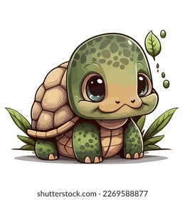 A cute little green turtle. Little baby turtle. A friendly little turtle with big dark eyes. Nice character graphics made in vector graphics. Illustration for a child.