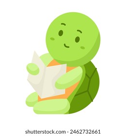 Cute little green turtle reading book