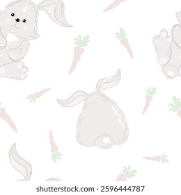 A cute little grey bunny with carrots, seamless pattern.