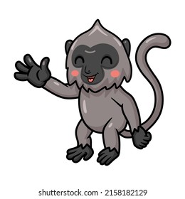Cute little grey langur monkey cartoon waving hand