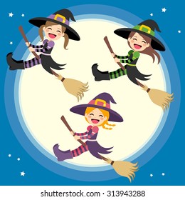 Cute little group of witches flying in front of the full moon with magical broom at night