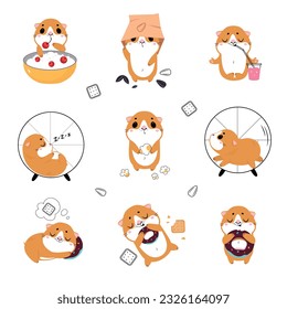 Cute little guinea pig in everyday activities set. Adorable pet animal eating, sleeping and running in wheel cartoon vector illustration