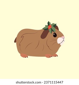 Cute little guinea pig with mistletoe on his head on a yellow background