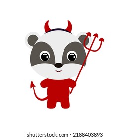 Cute little Halloween badger in a devil costume. Cartoon animal character for kids t-shirts, nursery decoration, baby shower, greeting card, invitation, house interior. Vector stock illustration