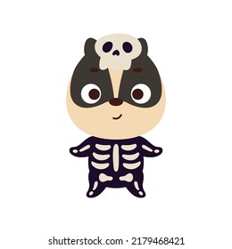 Cute little Halloween badger in a skeleton costume. Cartoon animal character for kids t-shirts, nursery decoration, baby shower, greeting card, invitation, house interior. Vector stock illustration