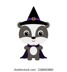 Cute little Halloween badger in a wizard costume. Cartoon animal character for kids t-shirts, nursery decoration, baby shower, greeting card, invitation, house interior. Vector stock illustration