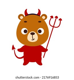 Cute little Halloween bear in a devil costume. Cartoon animal character for kids t-shirts, nursery decoration, baby shower, greeting card, invitation, house interior. Vector stock illustration