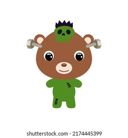 Cute little Halloween bear in a Frankenstein costume. Cartoon animal character for kids t-shirts, nursery decoration, baby shower, greeting card, invitation. Vector stock illustration