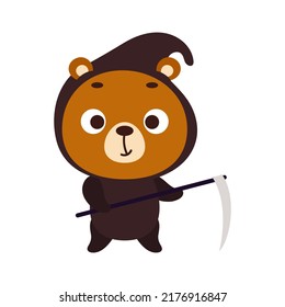 Cute little Halloween bear in a grim Reaper costume. Cartoon animal character for kids t-shirts, nursery decoration, baby shower, greeting card, invitation, house interior. Vector stock illustration