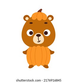Cute little Halloween bear in a pumpkin costume. Cartoon animal character for kids t-shirts, nursery decoration, baby shower, greeting card, invitation, house interior. Vector stock illustration