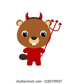 Cute little Halloween beaver in a devil costume. Cartoon animal character for kids t-shirts, nursery decoration, baby shower, greeting card, invitation, house interior. Vector stock illustration