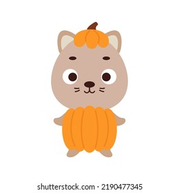 Cute little Halloween cat in a pumpkin costume. Cartoon animal character for kids t-shirts, nursery decoration, baby shower, greeting card, invitation, house interior. Vector stock illustration