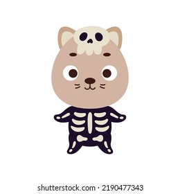 Cute little Halloween cat in a skeleton costume. Cartoon animal character for kids t-shirts, nursery decoration, baby shower, greeting card, invitation, house interior. Vector stock illustration