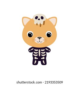 Cute little Halloween cat in a skeleton costume. Cartoon animal character for kids t-shirts, nursery decoration, baby shower, greeting card, invitation, house interior. Vector stock illustration