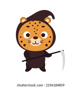 Cute little Halloween cheetah in a grim Reaper costume. Cartoon animal character for kids t-shirts, nursery decoration, baby shower, greeting card, invitation, decor. Vector stock illustration