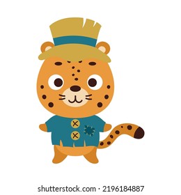 Cute little Halloween cheetah in a scarecrow costume. Cartoon animal character for kids t-shirts, nursery decoration, baby shower, greeting card, invitation, house interior. Vector stock illustration