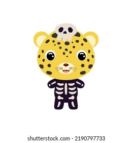 Cute little Halloween cheetah in a skeleton costume. Cartoon animal character for kids t-shirts, nursery decoration, baby shower, greeting card, invitation, house interior. Vector stock illustration