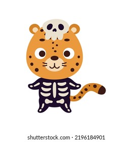 Cute little Halloween cheetah in a skeleton costume. Cartoon animal character for kids t-shirts, nursery decoration, baby shower, greeting card, invitation, house interior. Vector stock illustration
