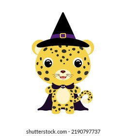 Cute little Halloween cheetah in a wizard costume. Cartoon animal character for kids t-shirts, nursery decoration, baby shower, greeting card, invitation, house interior. Vector stock illustration