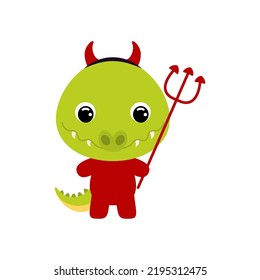Cute little Halloween crocodile in a devil costume. Cartoon animal character for kids t-shirts, nursery decoration, baby shower, greeting card, invitation, house interior. Vector stock illustration