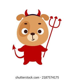 Cute little Halloween dog in a devil costume. Cartoon animal character for kids t-shirts, nursery decoration, baby shower, greeting card, invitation, house interior. Vector stock illustration