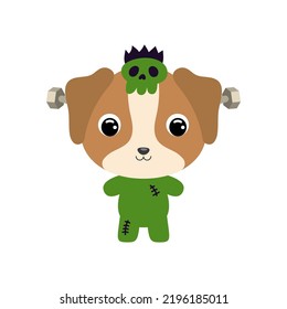 Cute little Halloween dog in a Frankenstein costume. Cartoon animal character for kids t-shirts, nursery decoration, baby shower, greeting card, invitation. Vector stock illustration