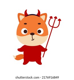 Rutschen Sie einen kleinen Halloween-Fuchs in einem Teufelskostüm. Cartoon-Tiercharakter für Kinder-T-Shirts, Kinderdekoration, Babydusche, Grußkarte, Einladung, Inneneinrichtung des Hauses. Vektorgrafik