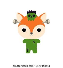 Cute little Halloween fox in a Frankenstein costume. Cartoon animal character for kids t-shirts, nursery decoration, baby shower, greeting card, invitation. Vector stock illustration