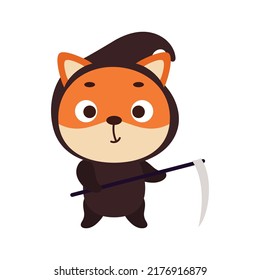 Cute little Halloween fox in a grim Reaper costume. Cartoon animal character for kids t-shirts, nursery decoration, baby shower, greeting card, invitation, house interior. Vector stock illustration