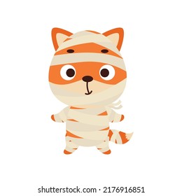 Cute little Halloween fox in a mummy costume. Cartoon animal character for kids t-shirts, nursery decoration, baby shower, greeting card, invitation, house interior. Vector stock illustration