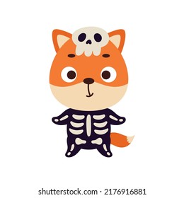 Cute little Halloween fox in a skeleton costume. Cartoon animal character for kids t-shirts, nursery decoration, baby shower, greeting card, invitation, house interior. Vector stock illustration