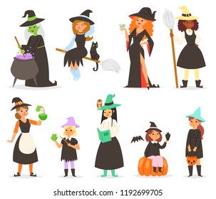 Cute little Halloween girl witchs with broom cartoon set of happy Halloween greeting invintation poster card party design print magic card fantasy young character costume hat vector illustration