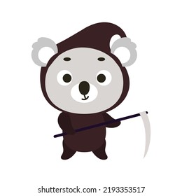 Cute little Halloween koala in a grim Reaper costume. Cartoon animal character for kids t-shirts, nursery decoration, baby shower, greeting card, invitation, decor. Vector stock illustration