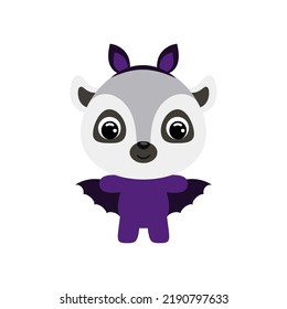 Cute little Halloween lemur in a bat costume. Cartoon animal character for kids t-shirts, nursery decoration, baby shower, greeting card, invitation, house interior. Vector stock illustration